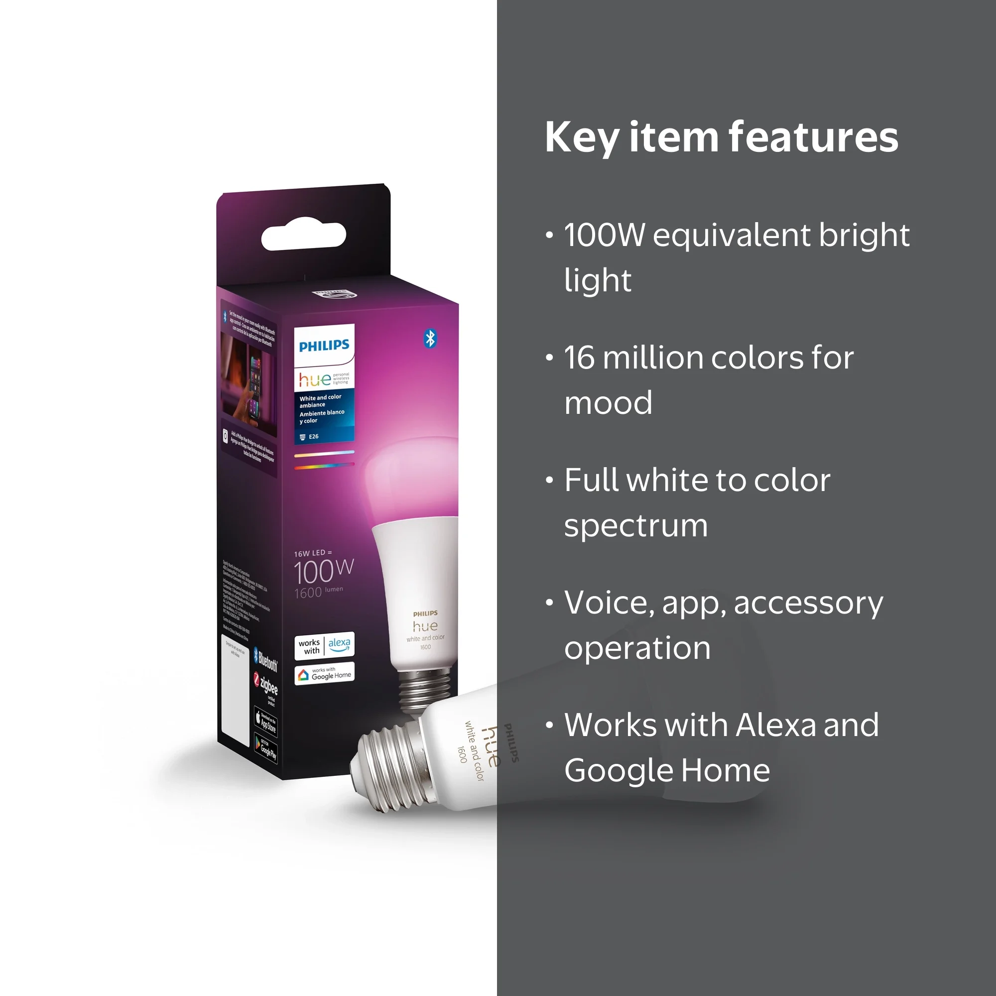 Philips Hue White and Color Ambiance A21 LED Smart Bulb, 100W
