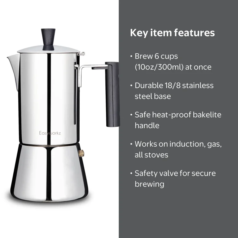 MOKAページ Easyworkz, Stovetop Espresso Maker, 6 Cup, Stainless Steel 10 oz