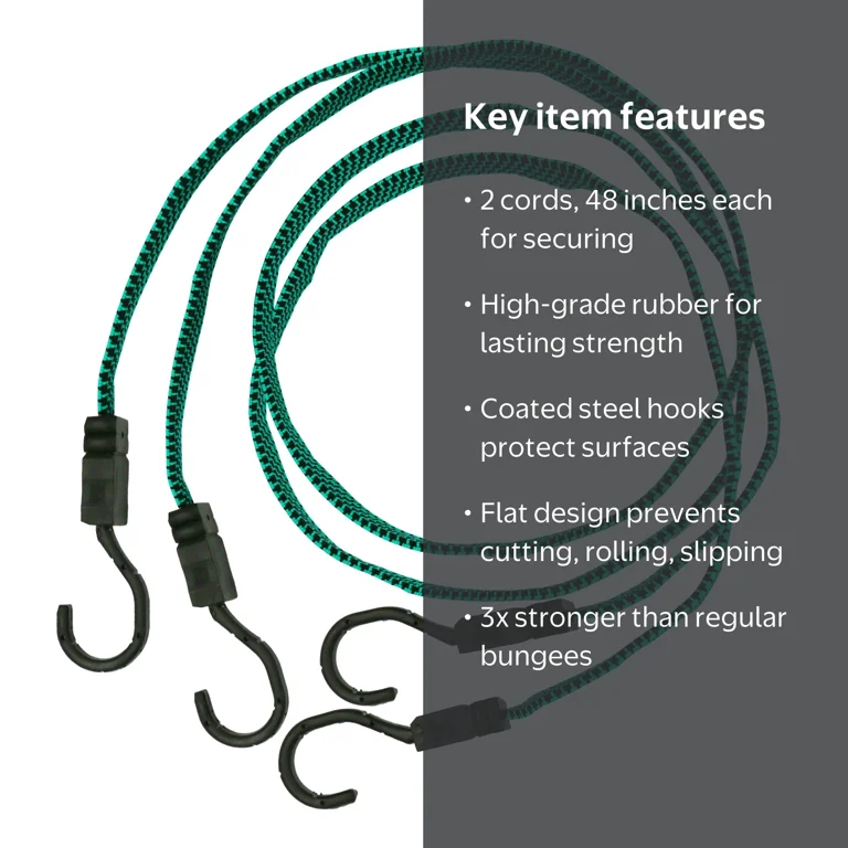 Hyper Tough 2 Pack 48 Inch Flat Bungee Cords Rubber Green with