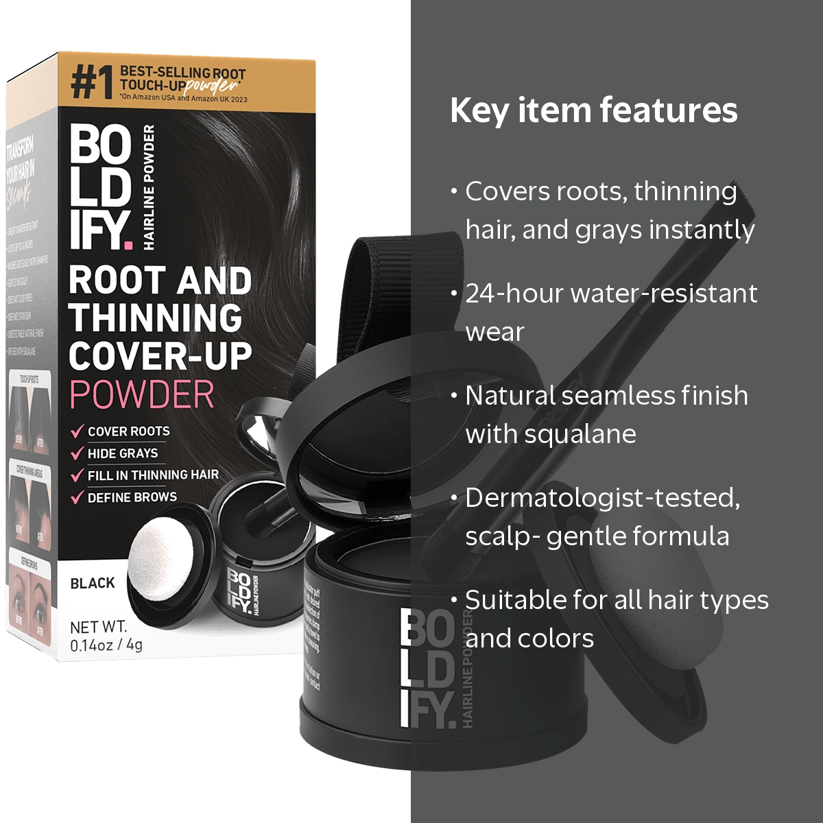 BOLDIFY Root Touch up Powder with Brush, Covers Thinning Hair