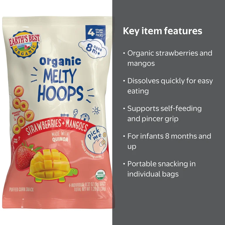 5 pack) Earth's Best Organic Bite-Size Melty Hoops Strawberry