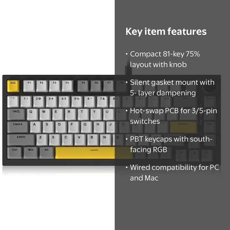 Ajazz AK820 Mechanical Keyboard, 75% ANSI Layout, 81Keys, Gasket