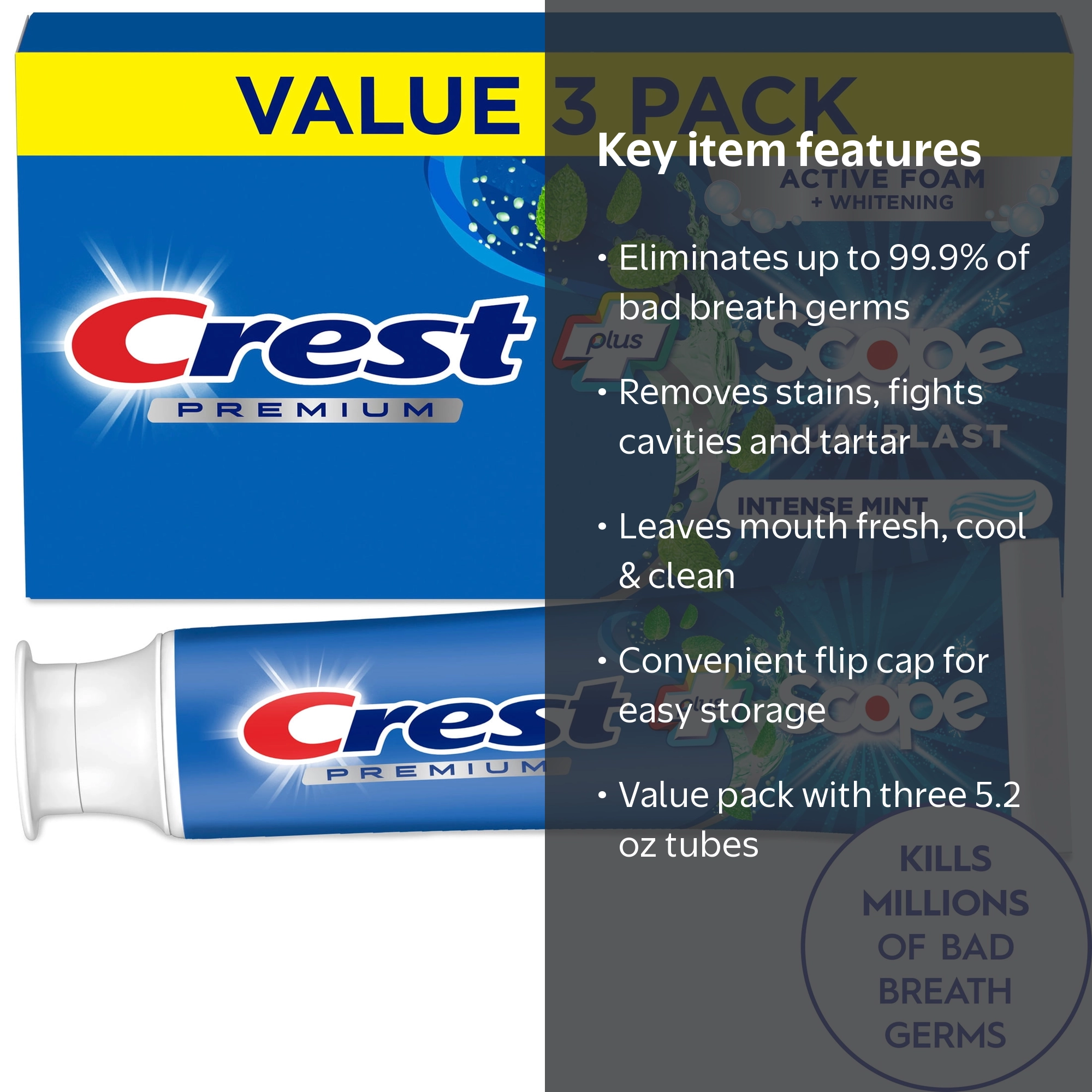 Crest Toothpaste, Premium Plus Scope Dual Blast Toothpaste, Mint