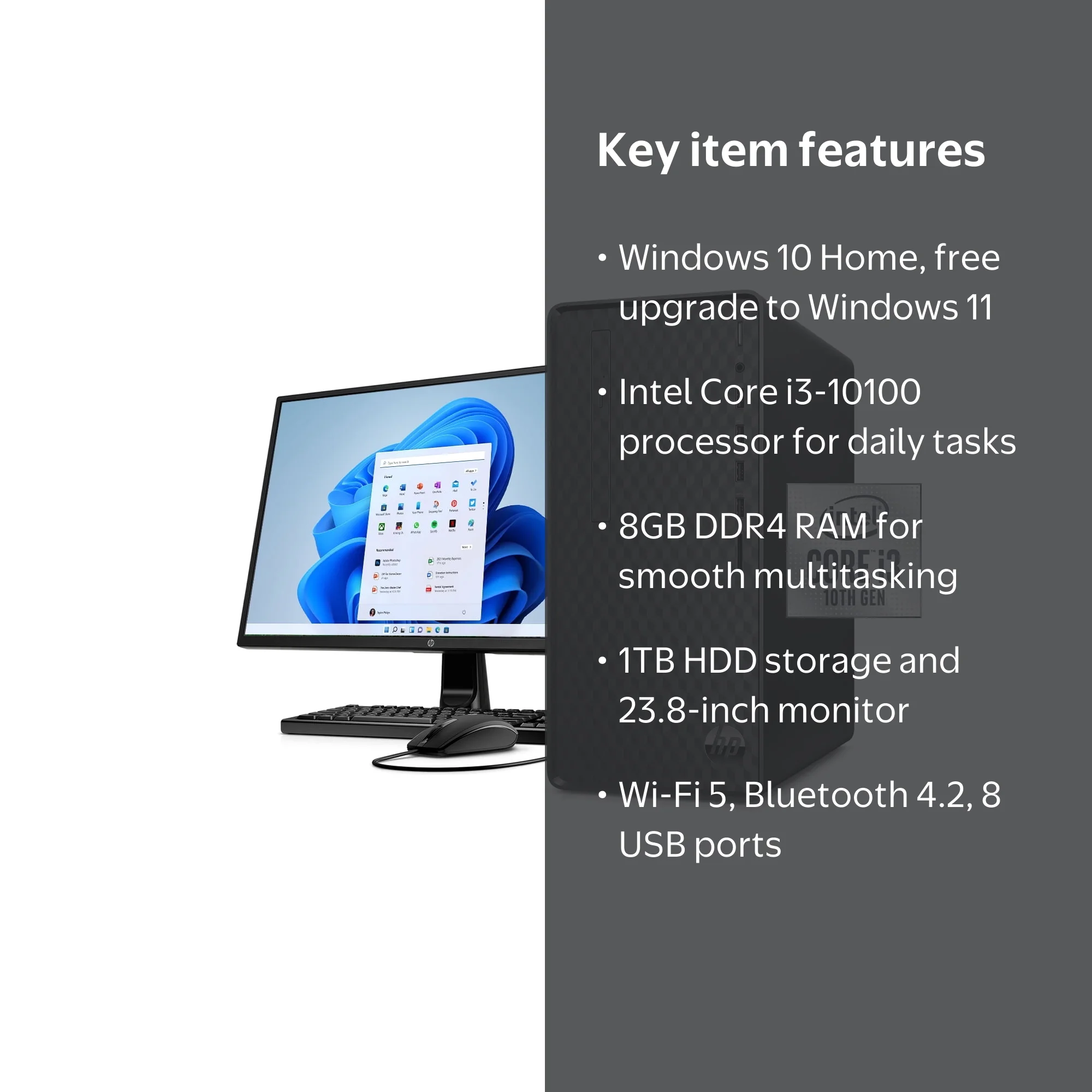 HP 24 Monitor Computer Combo with i3, 8GB/1TB Desktop Bundle, WiFi