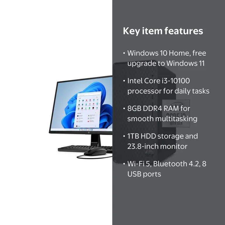 HP 24 Monitor Computer Combo with i3, 8GB/1TB Desktop Bundle, WiFi