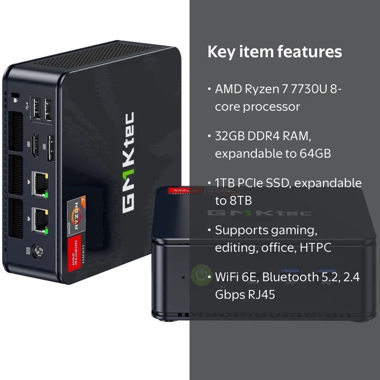 GMKtec Mini PC, AMD Ryzen 7 7730U(Up to 4.5GHz), 32GB DDR4 1TB SSD