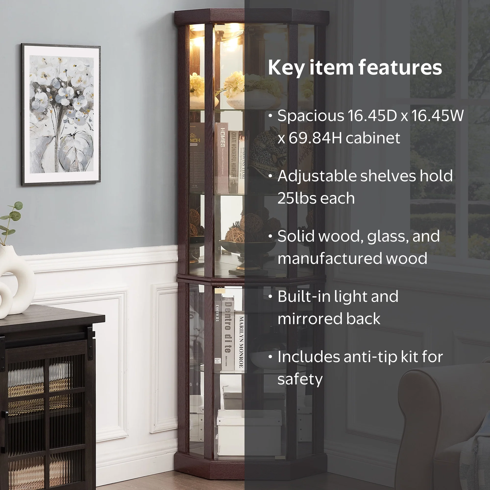 PORKISS Lighted 3-Side Glass Display Curio Cabinet with Tempered