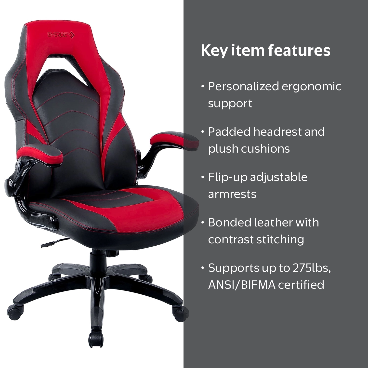Staples Emerge Vortex Bonded Leather Gaming Chair, Black and Red