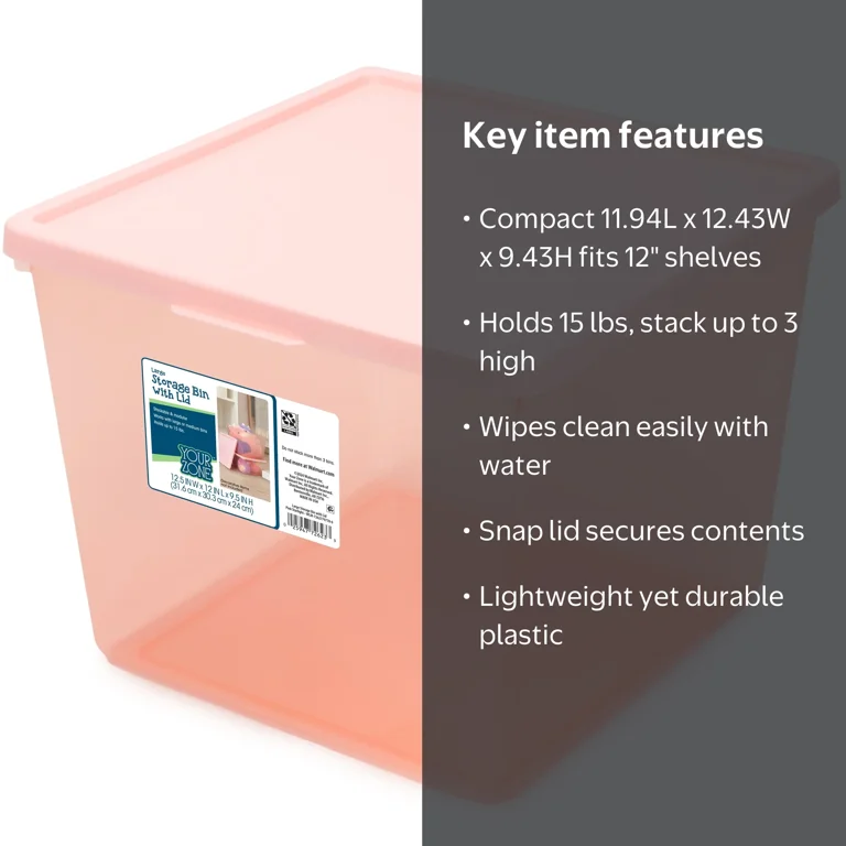 Your Zone Large Pink Tinted Plastic Stacking Bin with Lid, Holds