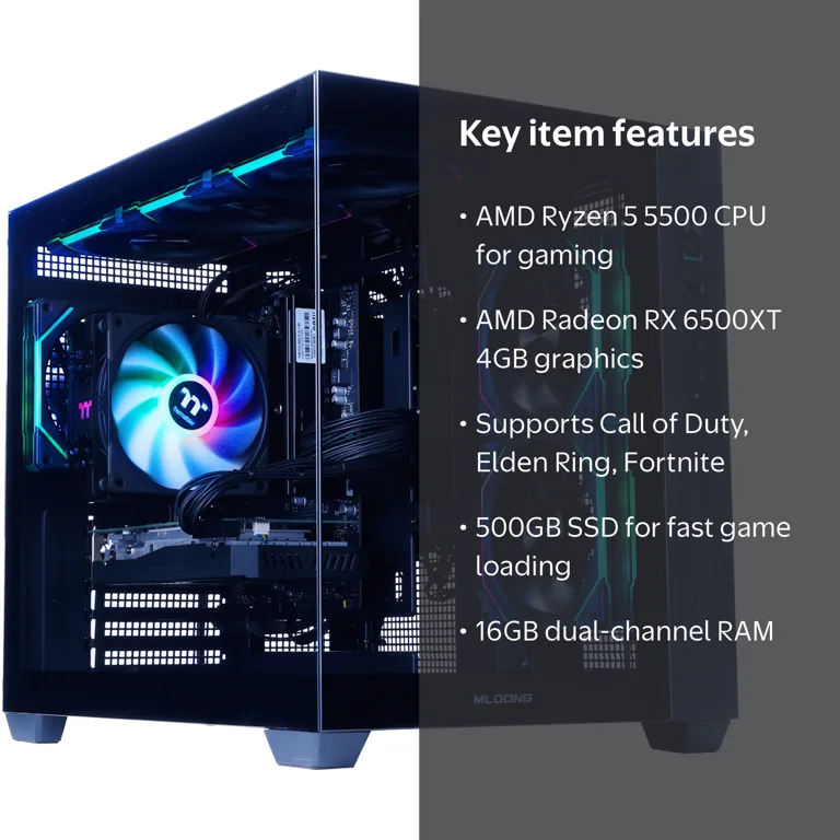 Mloong Gaming PC, AMD Ryzen 5 5500, Radeon RX 6600, 16GB RAM, 1TB