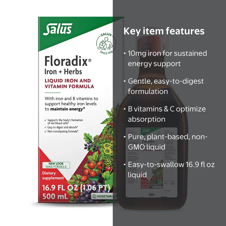 Floradix Iron & Herbs - Liquid Herbal Supplement for Energy Support - Iron Supplement with Vitamin C & Vitamin B Complex - Ferrous Gluconate Iron