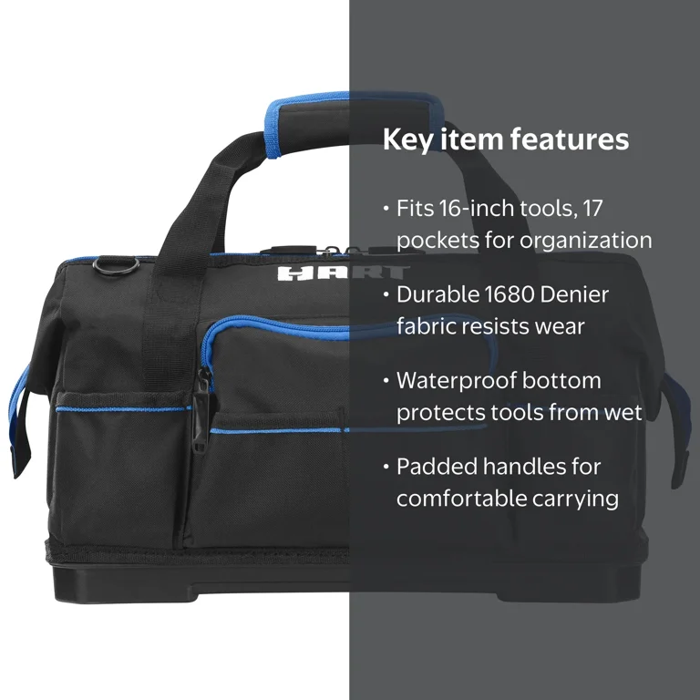 HART 16-inch Hard Bottom Tool Bag, Waterproof Base, Black and Blue