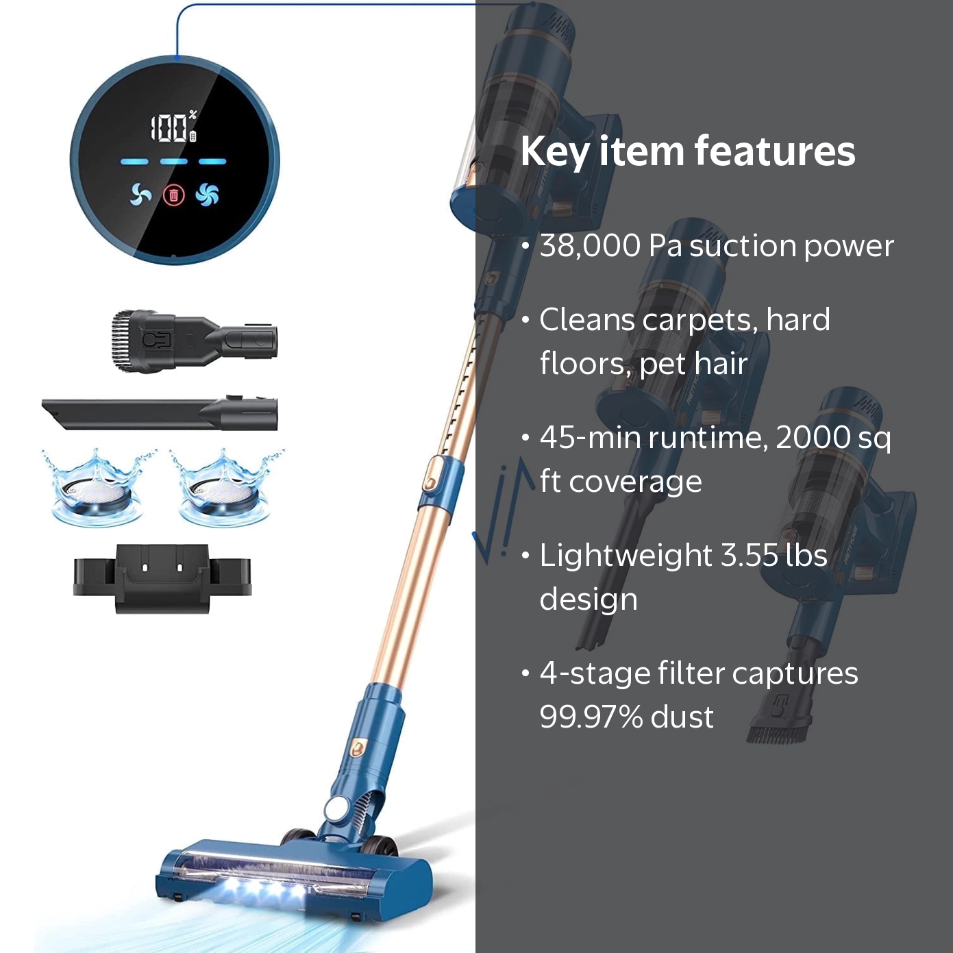 PRETTYCARE スティッククリーナー PrettyCare Cordless Vacuum Cleaner, 38kPa Suction, 45min Runtime