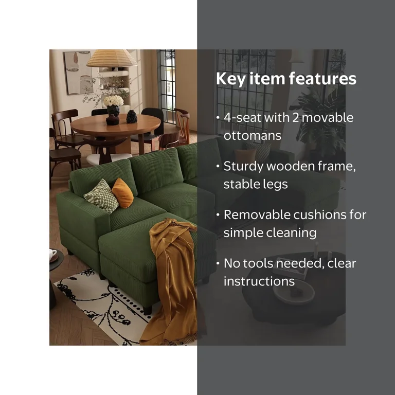 AENKYO U-Shaped Sectional Sofa Couch with 2 Ottomans, Convertible