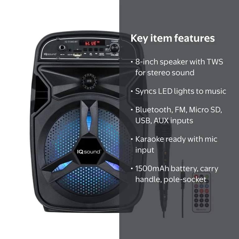 Supersonic IQ Sound Portable Bluetooth Speaker with Remote