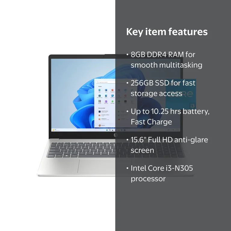 HP 15.6 inch Windows Laptop, Intel Core i3-N305, 8GB RAM, 256GB