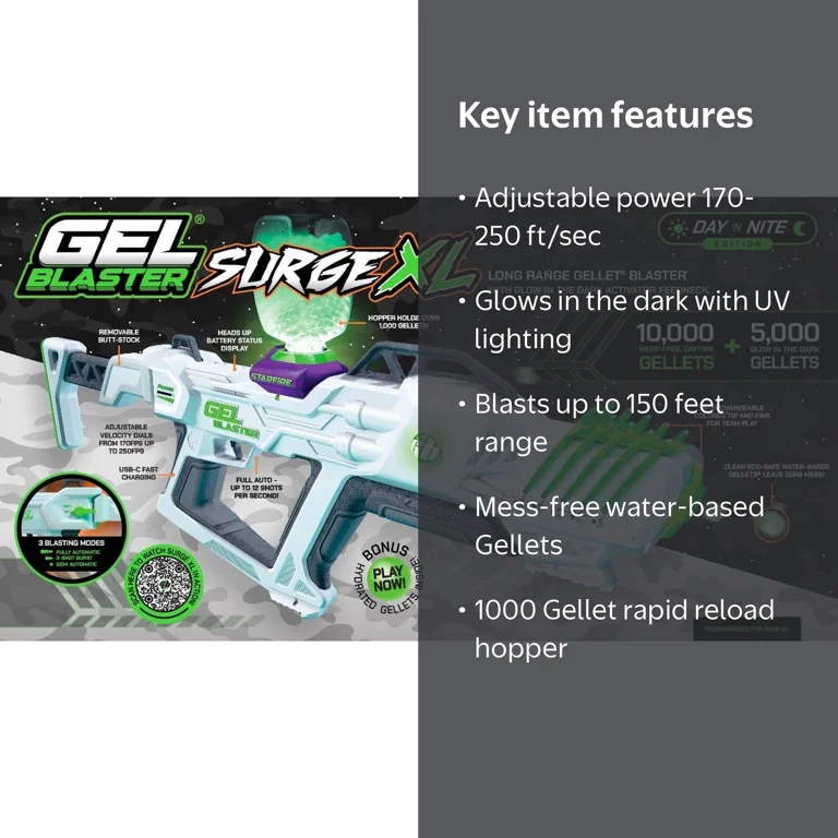 Gel Blaster, Water Bead Blaster, Glow-in-the-Dark, Surge XL White