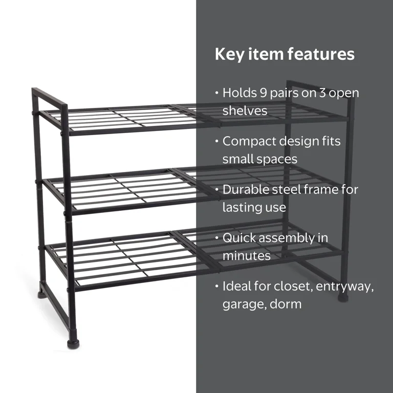 Mainstays 3-Tier Metal Shoe Rack, Black, Space-Saving Shoe Storage
