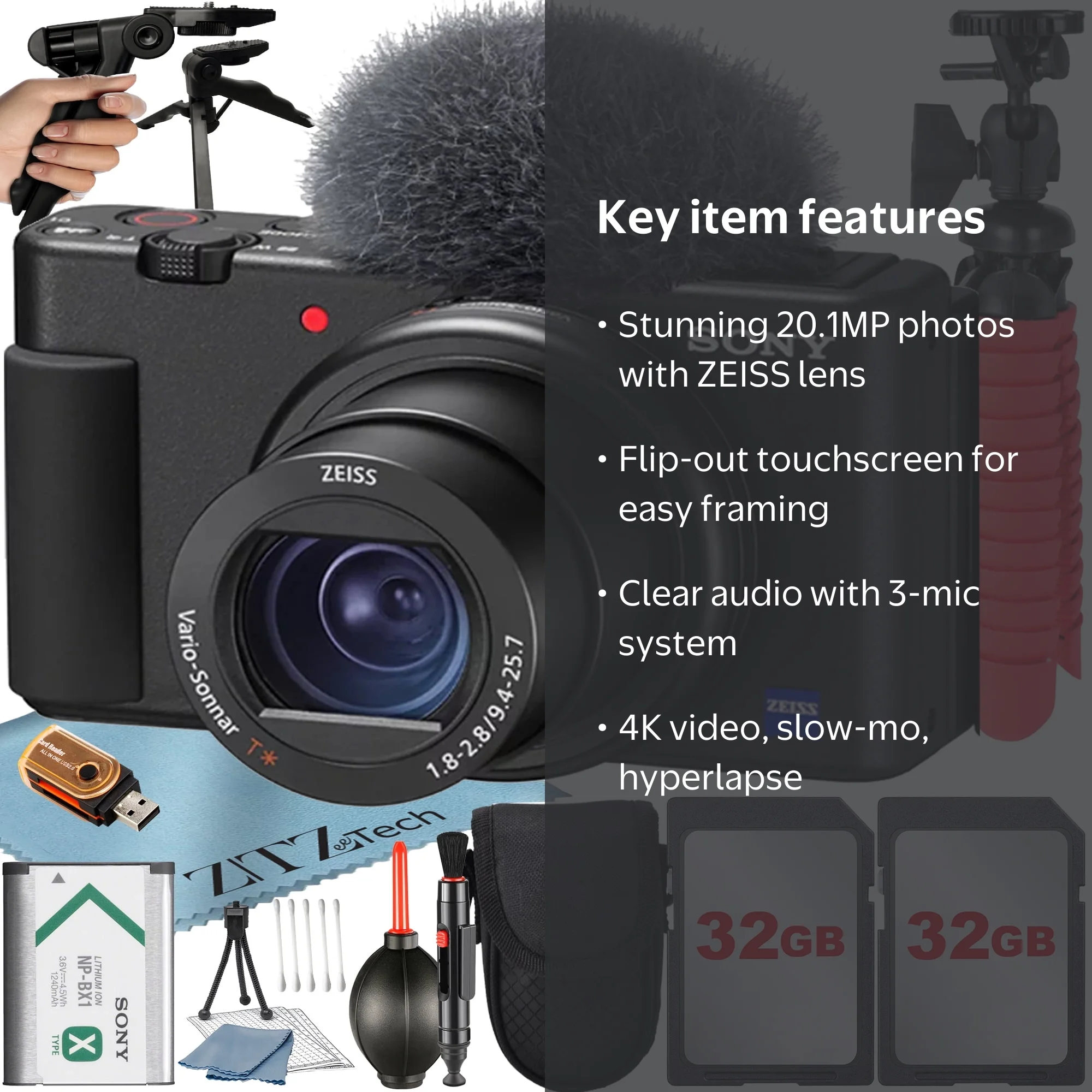 Sony ZV-1F Professional Video Vlogging Camera, Black with 2x 32GB