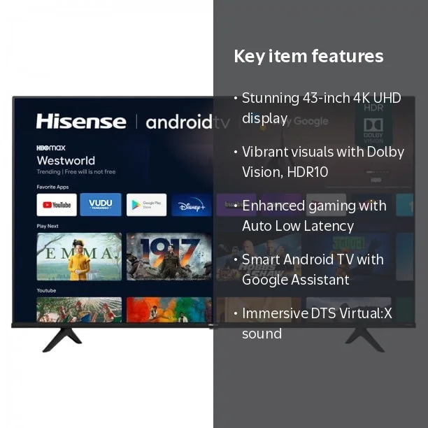 Hisense 43A6G 43 inch 4K UHD Android TV, Dolby Vision HDR, Game