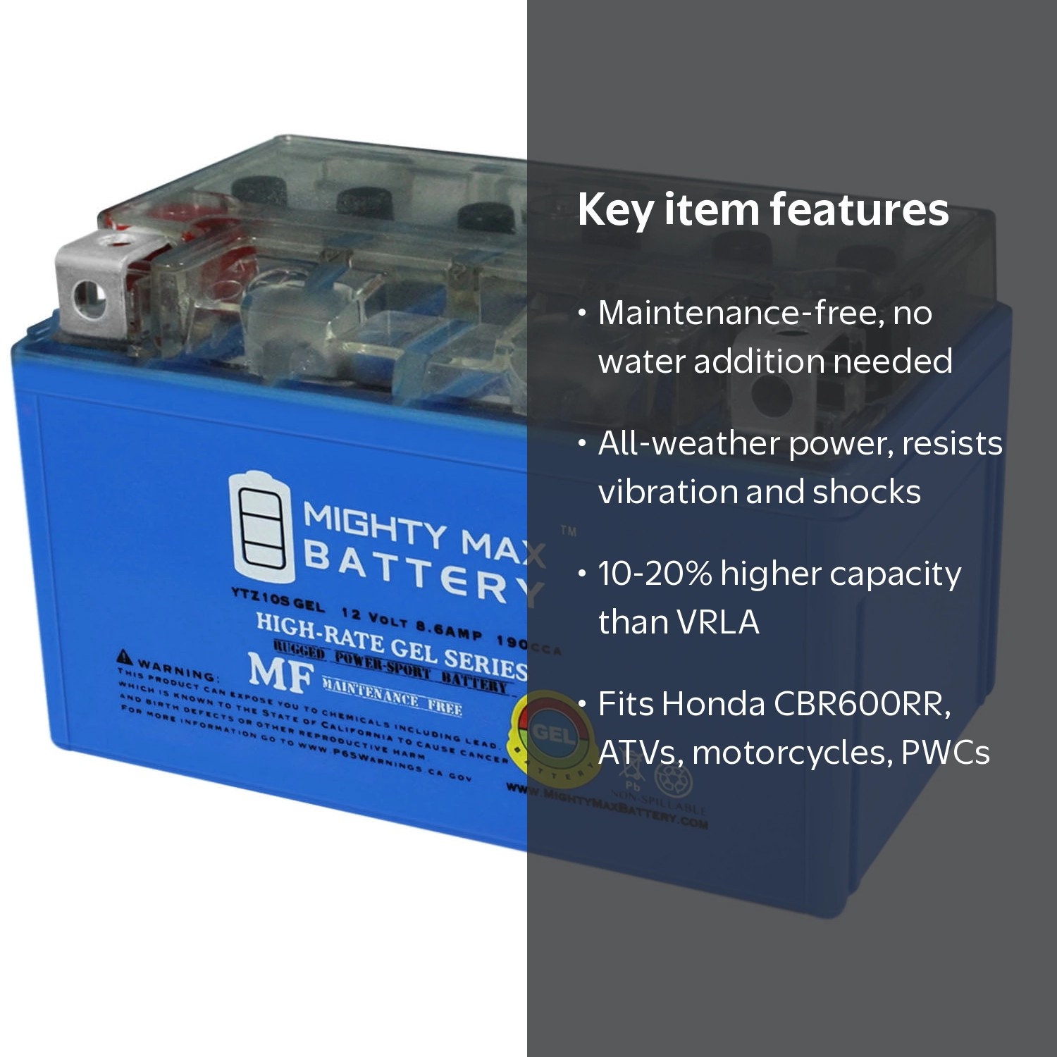 12V 8.6AH 190CCA GEL Battery for Honda CBR600RR 2003-2004, 2005
