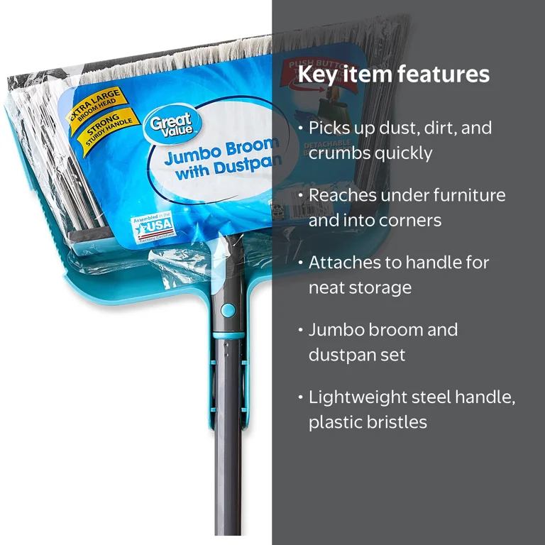 Great Value Jumbo Broom with Dustpan, Angled Head for Hard-to
