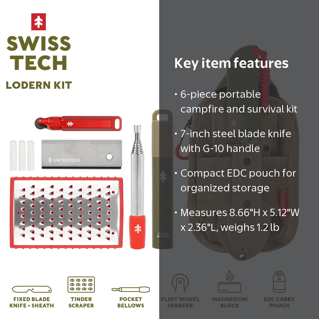 Swiss Tech 6-Piece Fixed Blade Fire Starting Kit with Carry Pouch