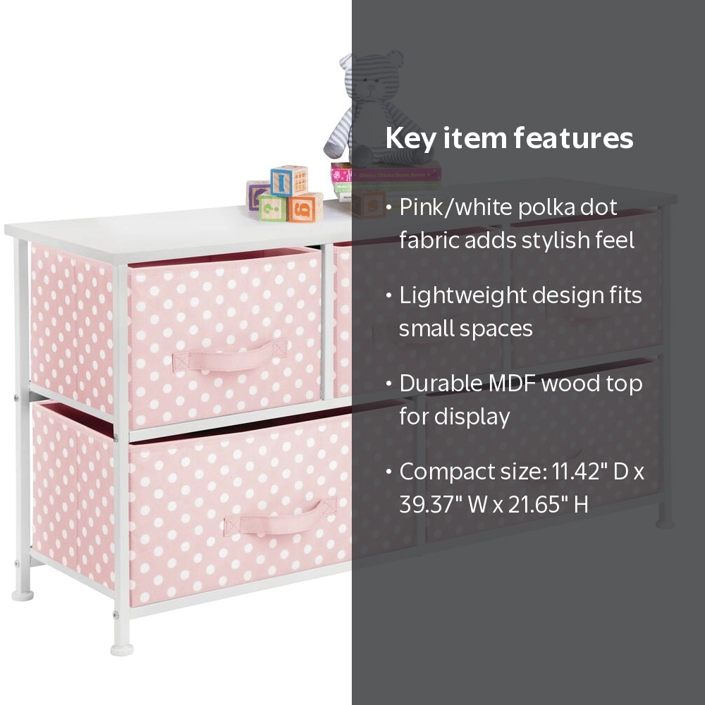 mDesign Kids Wide Storage Dresser, 5 Drawers, Pink/White Polka Dot