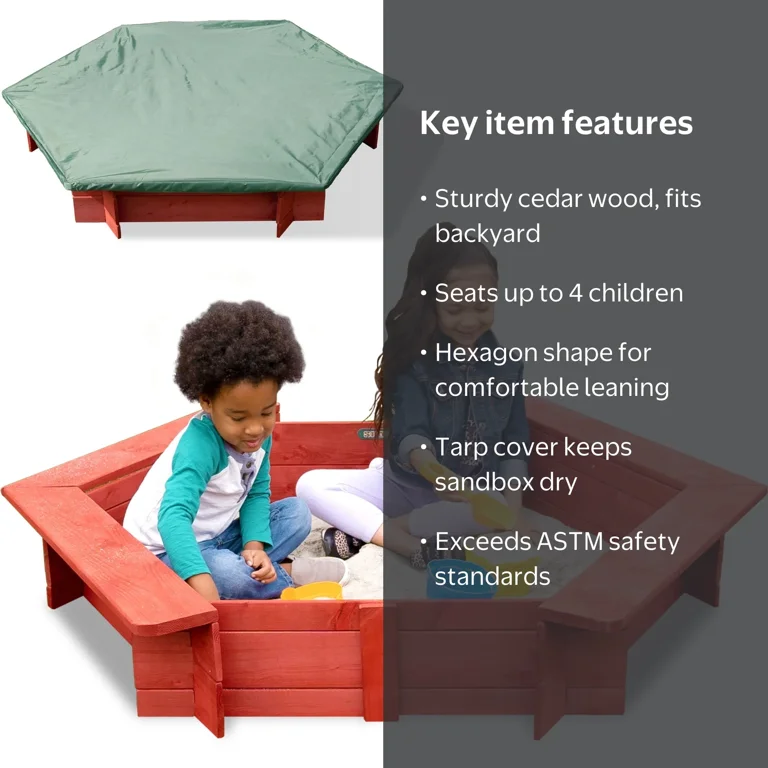 Sportspower Backyard Wood Hexagon Sandbox with Lid, Cover and Sportspower Backyard Wood Hexagon Sandbox with Lid, Cover and