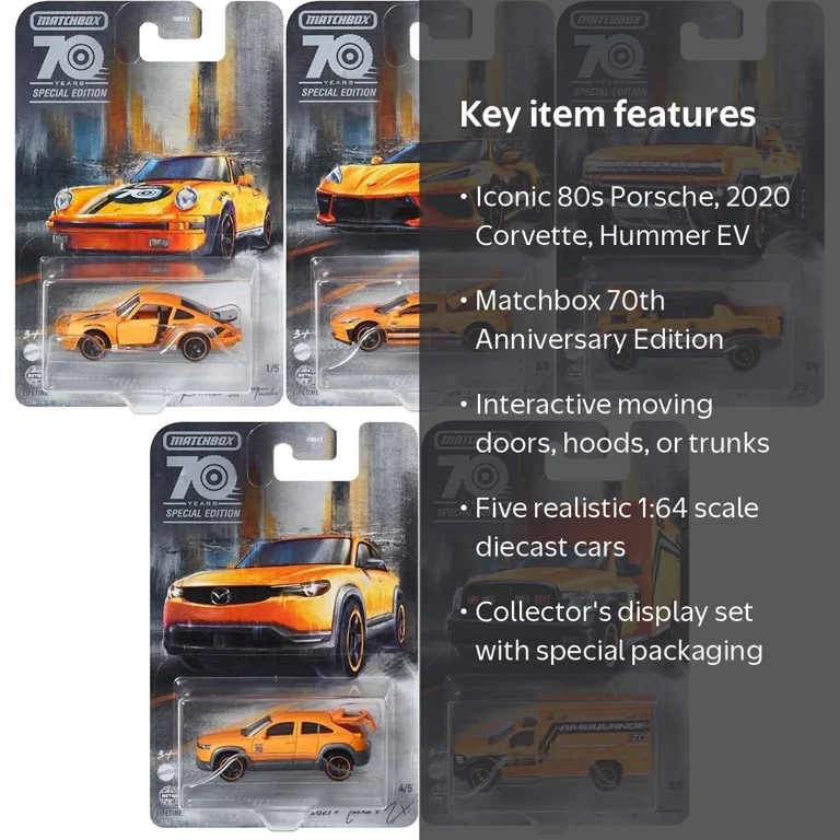 Matchbox 70th Anniversary Pack of 5 Moving Parts Cars, 1/64