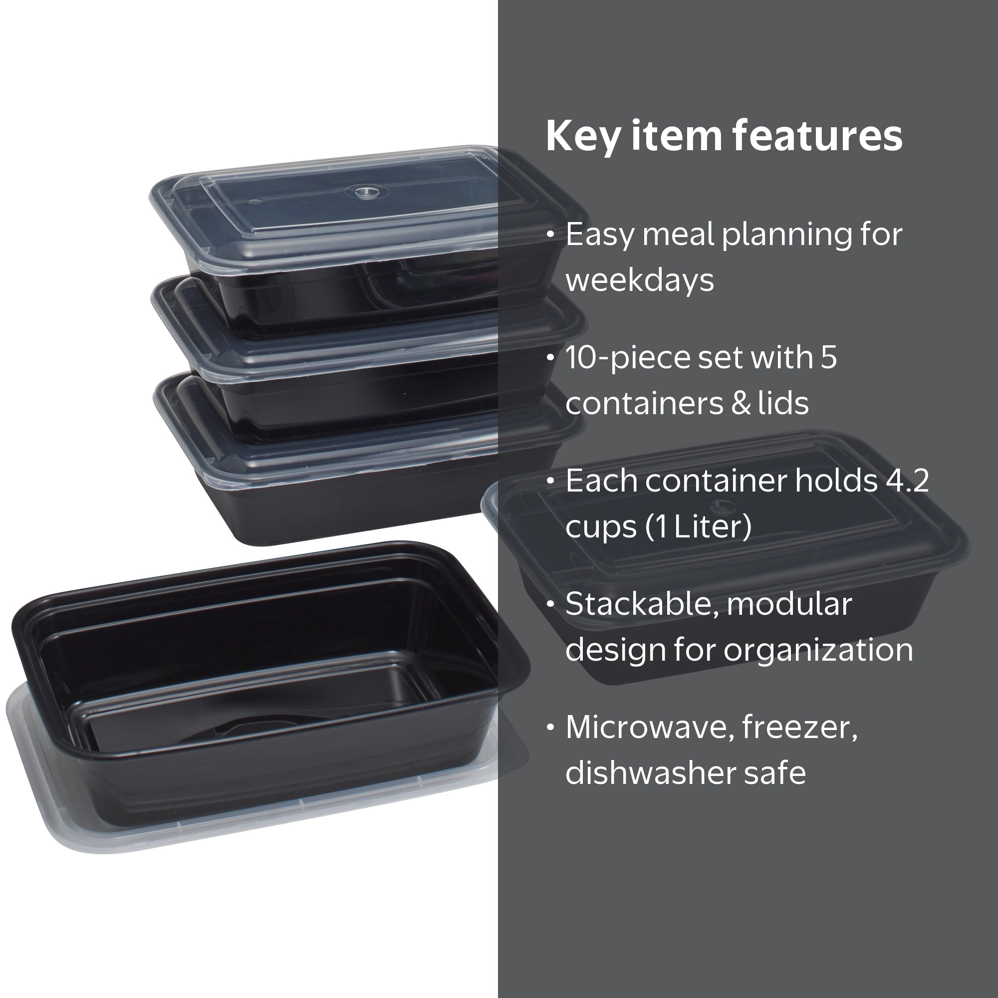 Mainstays 10 Piece Meal Prep Food Storage Containers Black 4.2C 1L