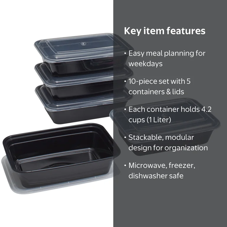 Mainstays 10 Piece Meal Prep Food Storage Containers Black 4.2C 1L