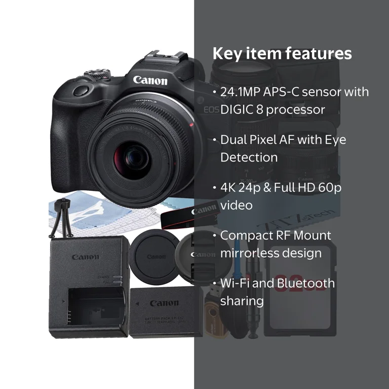 Canon EOS R100 Camera Bundle with 18-45mm, 75-300mm Lenses, 32GB