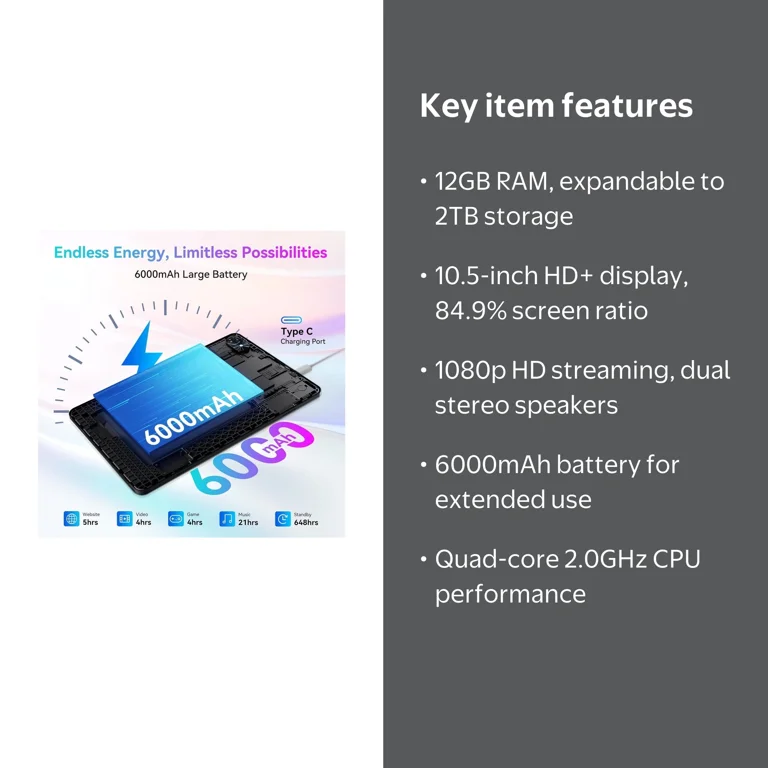 TABWEE, Android Tablet, 10.5 inch T80, 12GB RAM + 128GB ROM