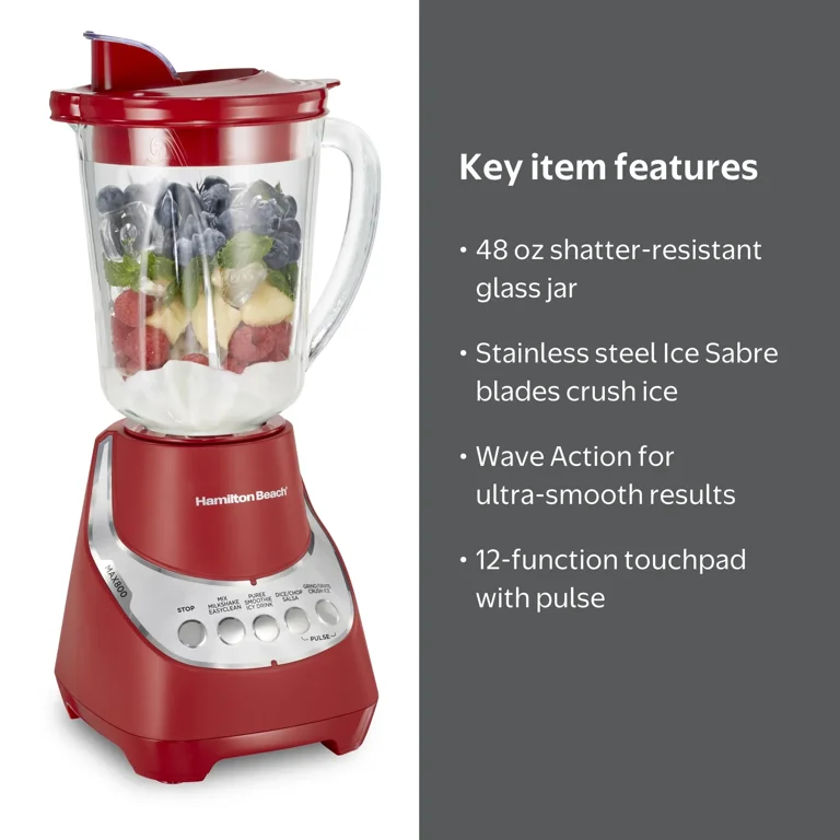 Hamilton Beach Quiet Blender, 48 oz Glass Jar, 12 Functions, Red