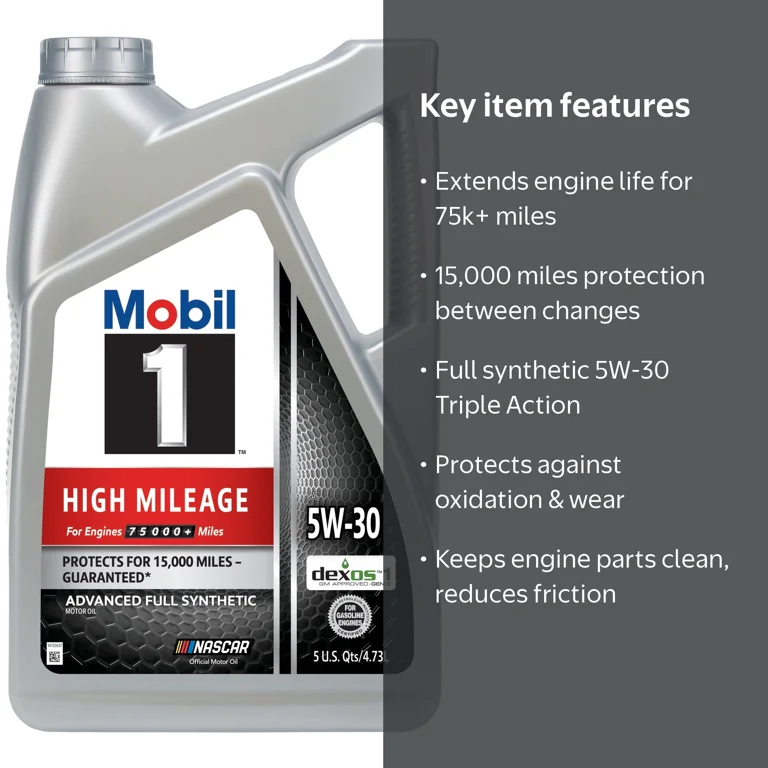 Mobil 1 High Mileage Synthetic Motor Oil 5W-30, 2pk, 5 qt