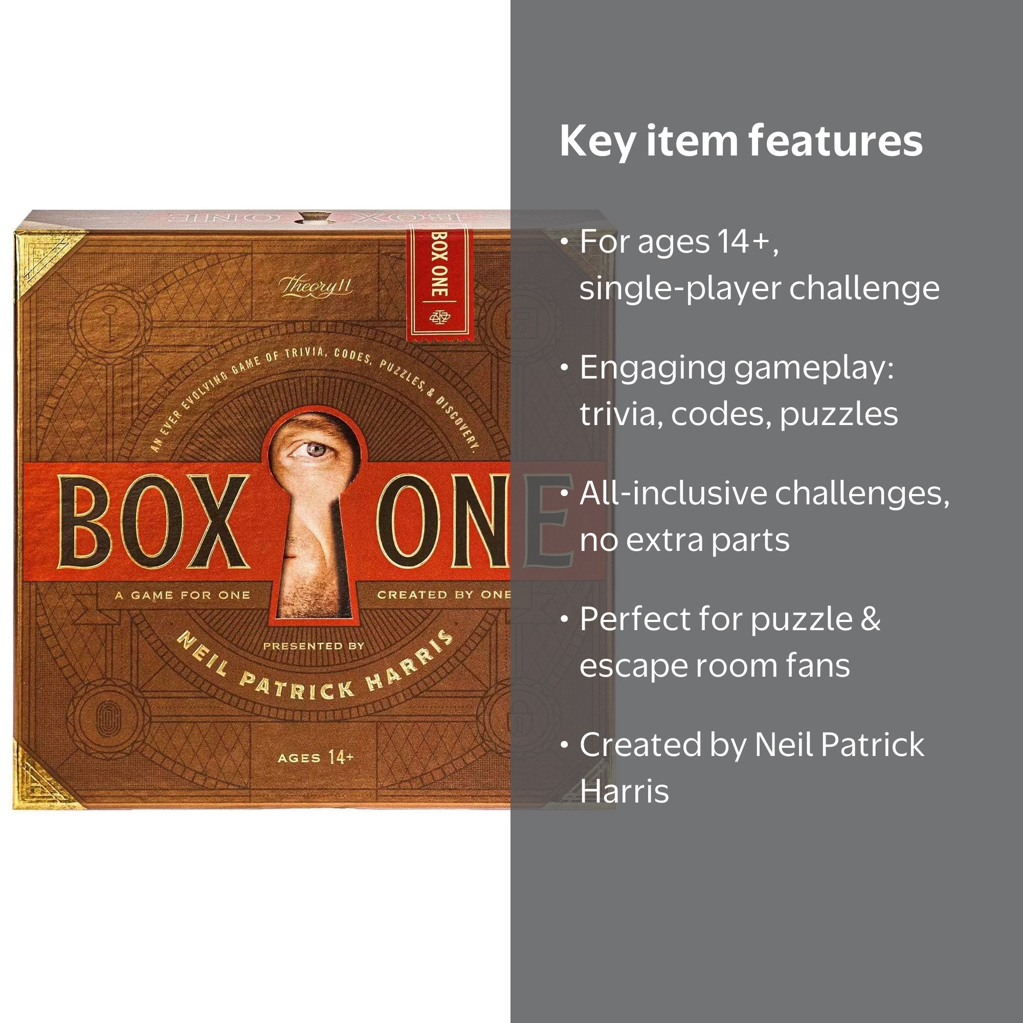 Box ONE by Neil Patrick Harris: Adult Trivia, Codes, Puzzles Board