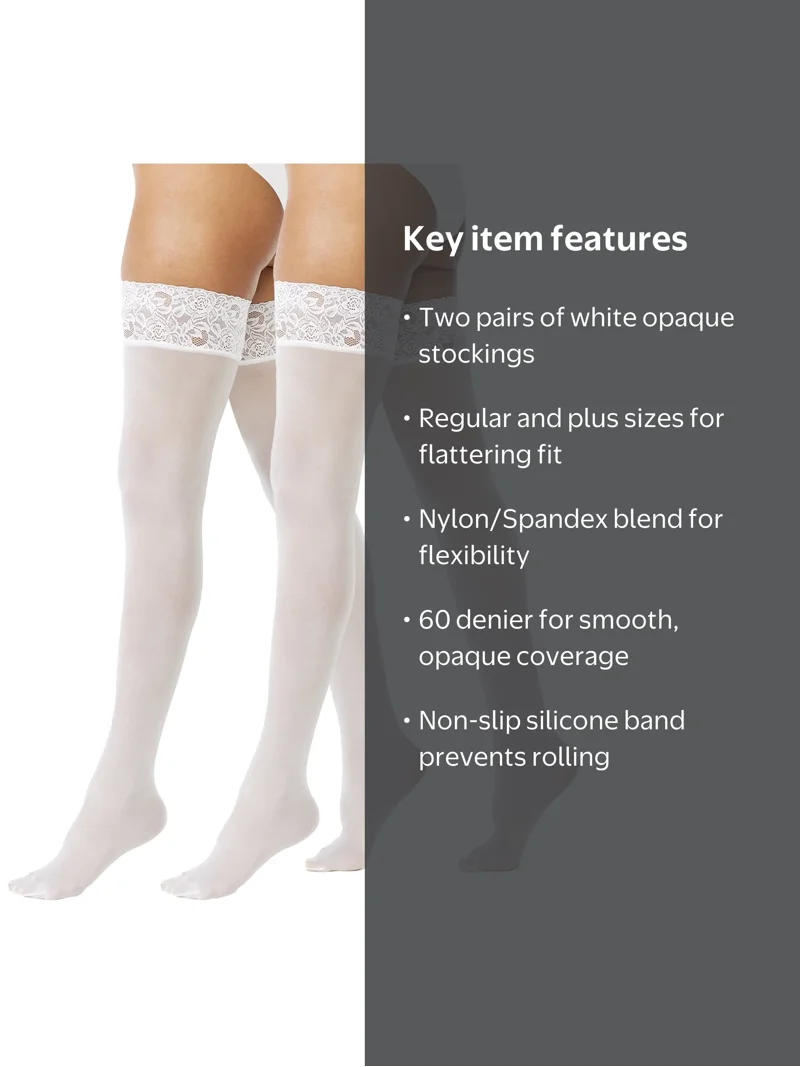 Joyspun Women's Opaque Lace Top Thigh Highs 2-Pack, Lightweight 60