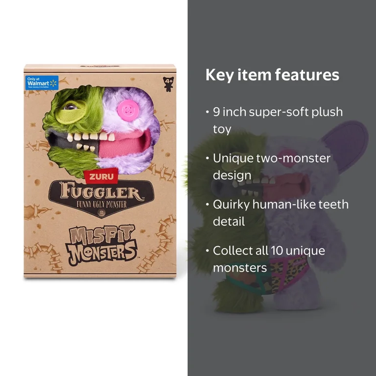 Fuggler, Misfit Monsters 9 inch, Green & Lilac Long & Curly Pile