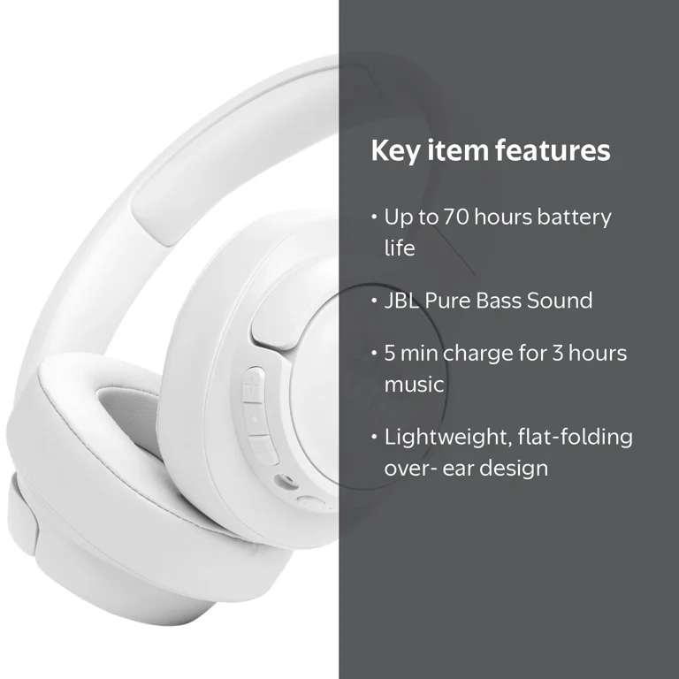 JBL, Wireless over-Ear Headphones, White, 70-hour battery