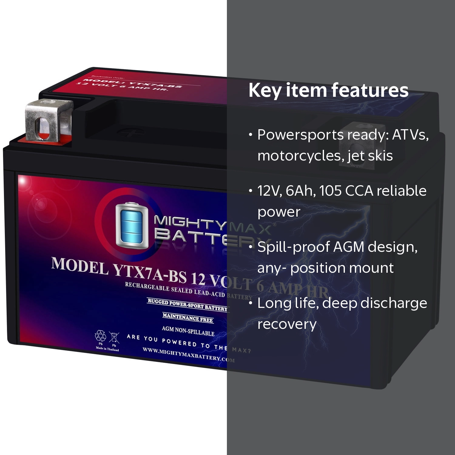 YTX7A-BS Battery Replacement for XTAX7A-BS, X7A-BS Powersport