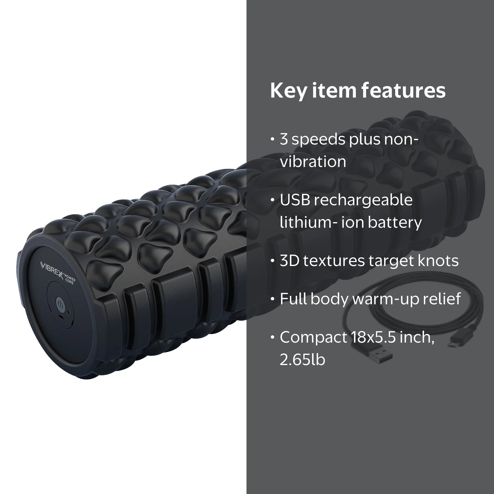 Renew 3-Speed Vibrating Fitness Foam Roller, Rechargeable, Full