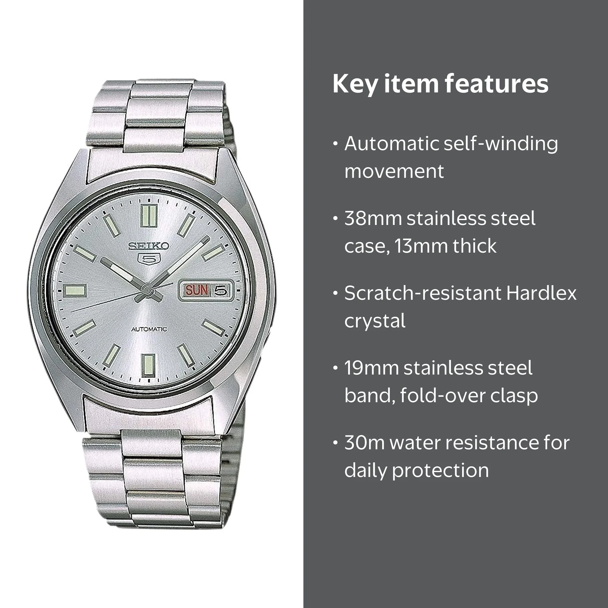 Seiko Series 5 Men's Automatic Watch, Silver Dial, Stainless Steel
