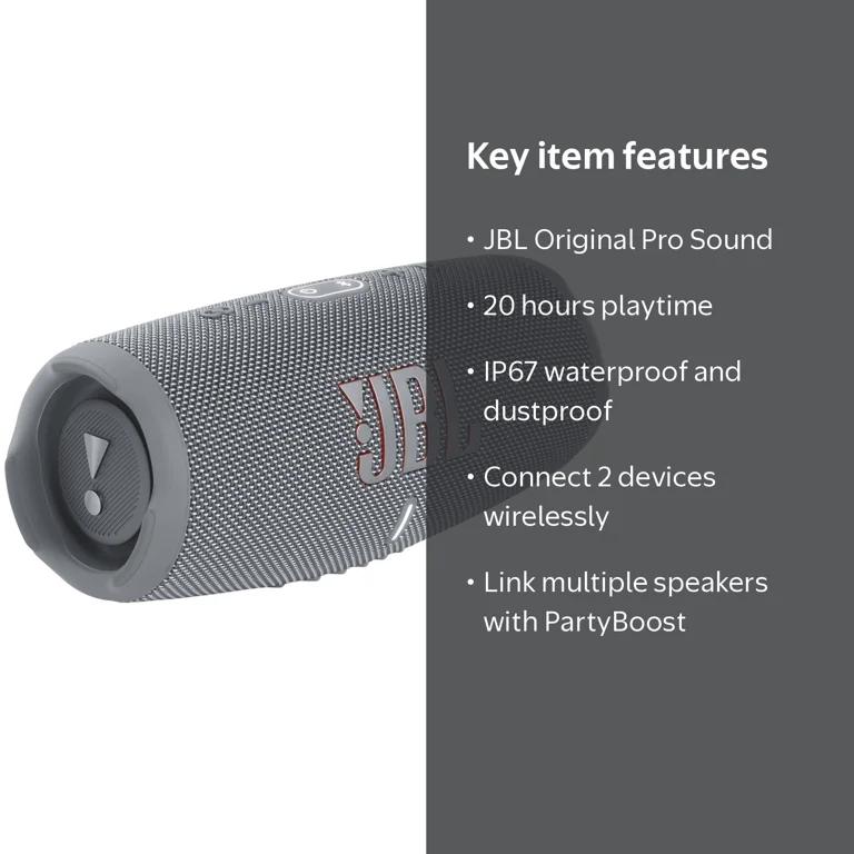 JBL, Charge 5, Grey, Waterproof Portable Speaker with Powerbank