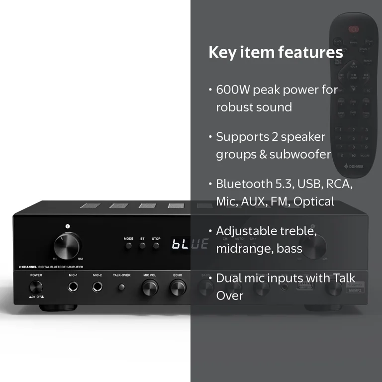 Donner Stereo Audio Amplifier, 600W Peak, Bluetooth 5.3 Home