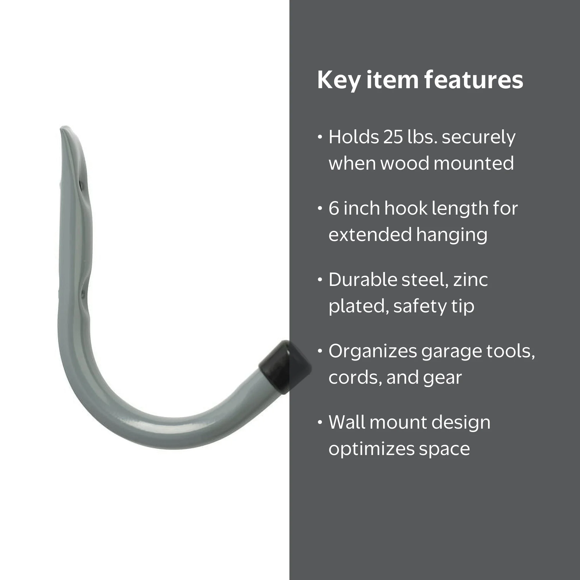 Hyper Tough Wall Mounted Steel Garage Utility Hook, 6 inch Gray