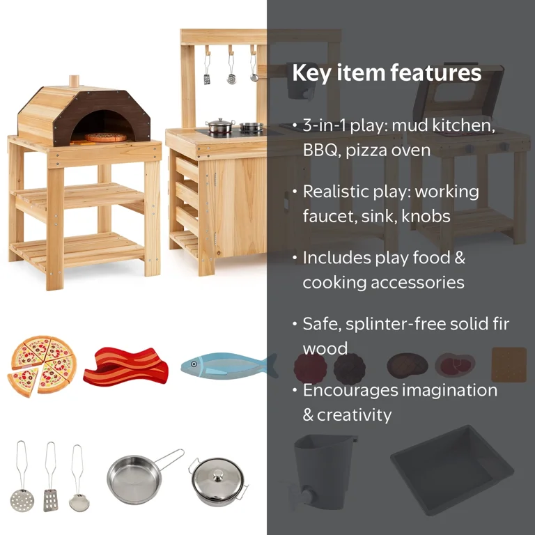 Costway 3-Piece Outdoor Wooden Kitchen Playset Kids Mud Kitchen