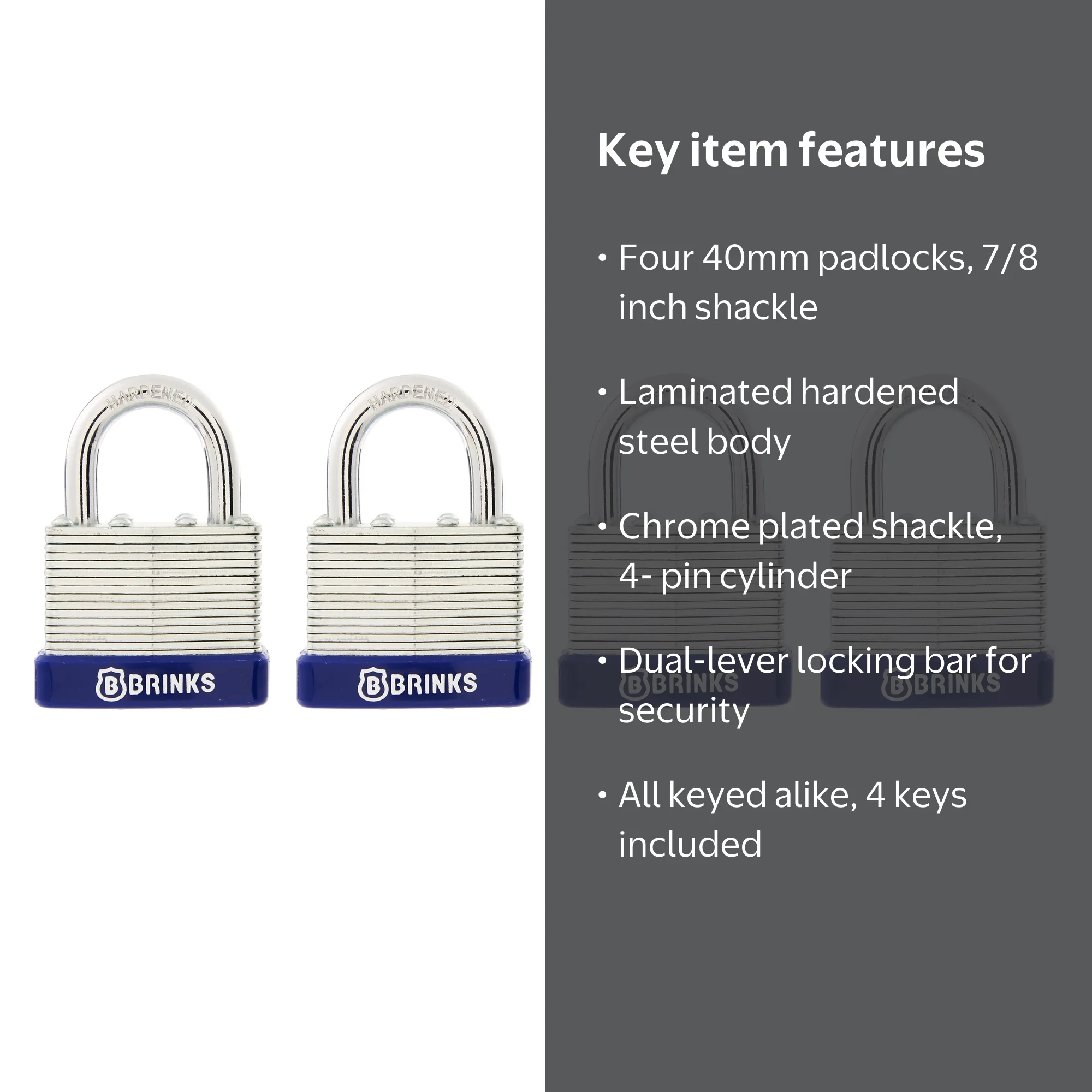 Brinks Laminated Steel 40mm Keyed Padlock with 7/8in Shackle, 4