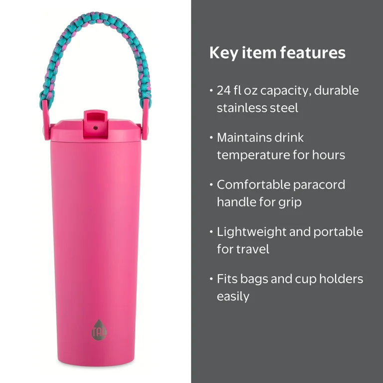 TAL 24oz Stainless Steel Hudson Paracord Handle Water Bottle, Pink