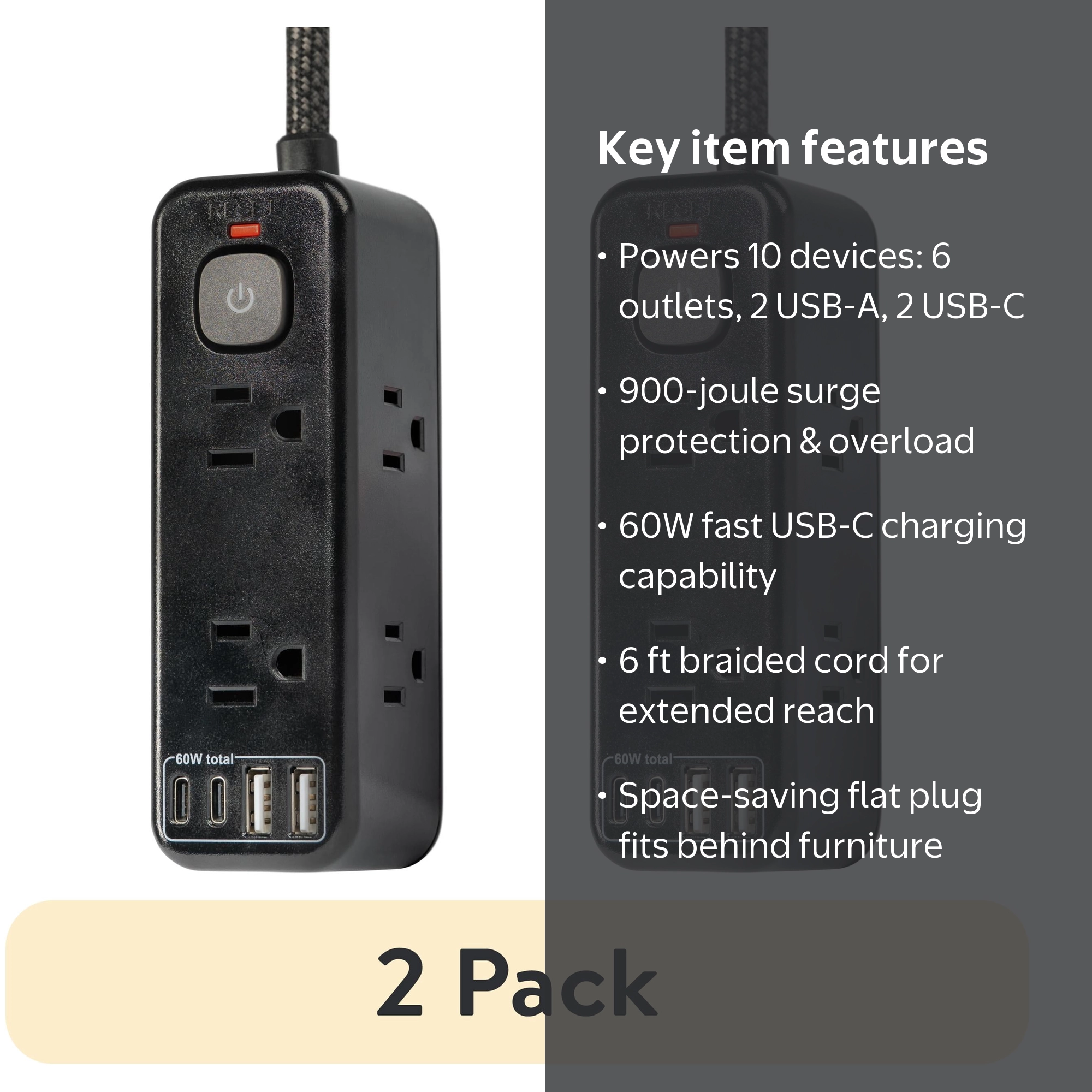 2 pack) Hyper Tough 6ft Extension Cord Power Strip with 6 Outlets